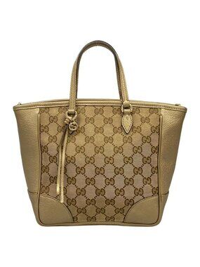 Gucci Handbag GG Pattern Beige Dark Brown Gold Leather